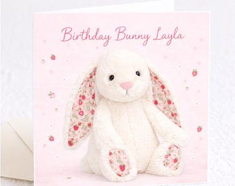 Personalised Bashful Bunny Birthday Card | Strawberry Floral Bunny Card | Cute Girl Birthday Card | Custom Name Birthday Card | Jelly