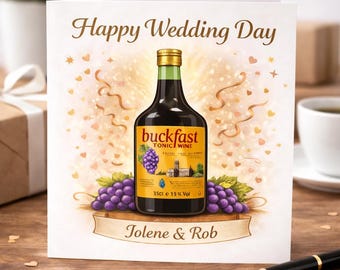 Funny Wedding Card Buckfast | Personalised Wedding Card | Custom Names Card | Scottish Wedding Gift | Unique Bride & Groom Card