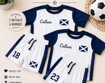 PERSONALISED Kids Scotland Inspired Football Set | Custom Initials Number Sports Outfit | Boys Girls Matching Football Kit World Cup
