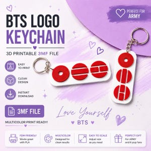 May include: A white and red BTS logo keychain. The keychain has the BTS logo on a rectangular base, with a silver keyring. The text "BTS LOGO KEYCHAIN" is at the top. The design is 3D printable.
