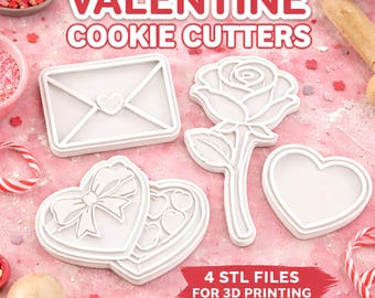 Può includere: Tagliapasta bianchi di San Valentino a forma di busta, rosa, cuore e scatola a forma di cuore. L'immagine include il testo "VALENTINE COOKIE CUTTERS" e "4 STL FILES FOR 3D PRINTING DIGITAL DOWNLOAD."