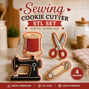 Può includere: Un set digitale scaricabile di quattro stampini per biscotti a tema cucito, tra cui un rocchetto di filo rosso, forbici argentate, una macchina da cucire nera e una spilla da balia argentata. Il testo recita Sewing COOKIE CUTTER STL SET.