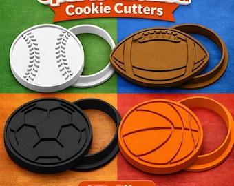 Può includere: Un set di formine per biscotti a tema sportivo. Il set include design di baseball, football americano, calcio e basket. Le formine sono bianche, marroni, nere e arancioni. L'immagine include anche il testo "Sports Themed Cookie Cutters" e "STL Files".