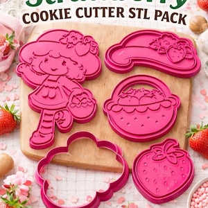 Peut inclure: Des découpoirs à biscuits roses en forme de fraise, de nuage, de panier et d'un personnage. L'image comprend le texte "Sweet Strawberry Cookie Cutter STL Pack" et "Digital Download."