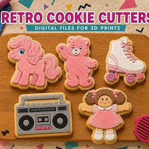 May include: Five cookie shapes on a wooden board, including a pink pony, a pink bear, a white roller skate, a grey boombox, and a doll in a pink dress. The text reads RETRO COOKIE CUTTERS DIGITAL FILES FOR 3D PRINTS and 3D PRINT READY.