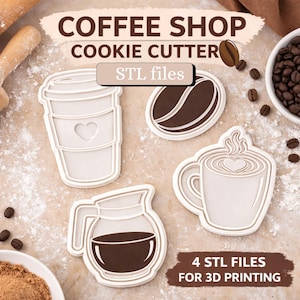 Puede incluir: Cuatro cortadores de galletas blancos con temática de café: una taza para llevar, un grano de café, una taza de café y una cafetera. Se muestra el texto "COFFEE SHOP COOKIE CUTTER" y "STL files". La esquina inferior derecha dice "4 STL FILES FOR 3D PRINTING".