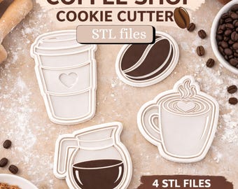 Op de afbeelding: Vier witte koekjessnijders met koffiethema: een to-go beker, een koffieboon, een koffiemok en een koffiepot. De tekst "COFFEE SHOP COOKIE CUTTER" en "STL files" worden weergegeven. De rechterbenedenhoek leest "4 STL FILES FOR 3D PRINTING".
