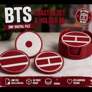 May include: A 3D print ready digital file for a BTS coaster set and holder. The set includes three circular coasters with red and white geometric designs and a matching red circular holder. Text on the image reads BTS COASTER SET & HOLDER, 3MF DIGITAL FILE, 3D PRINT READY, 3 Coasters + Holder, and BTS INSPIRED DESIGN.