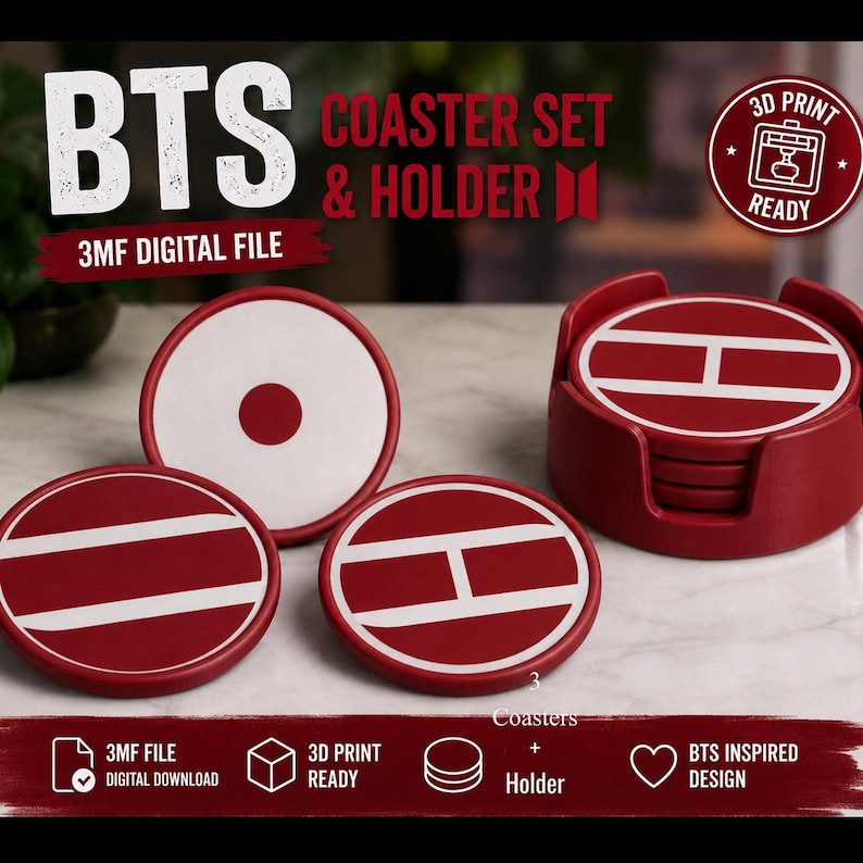 Pu&ograve; includere: Un file digitale pronto per la stampa 3D di un set di sottobicchieri BTS con supporto. Il set include tre sottobicchieri circolari con disegni geometrici rossi e bianchi e un supporto circolare rosso abbinato. Il testo sull'immagine recita BTS COASTER SET & HOLDER, 3MF DIGITAL FILE, 3D PRINT READY, 3 Coasters + Holder e BTS INSPIRED DESIGN.