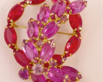 Vintage Red and Pink Rhinestone Circular Floral Brooch Pin