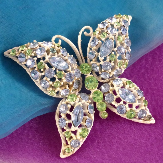 Vintage White Butterfly Brooch with Green and Blue