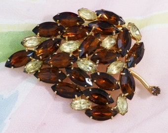 Large Vintage Root Beer Amber Rhinestone Leaf Brooch Pin