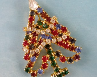 Vintage White Christmas Tree Pin Brooch With Multi Colored Rhinestones ...