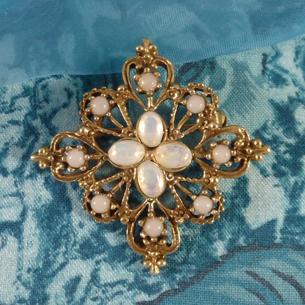 Vintage Faux Opal Cabochon Rhinestone Brooch Pin