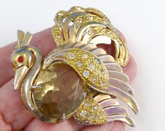 Vintage Citrine Rhinestone Large Peacock Bird of Paradise Signed Brooch