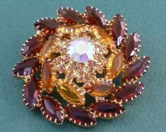 Vintage Amber and Rootbeer Domed AB Rhinestone Circular Brooch Pin