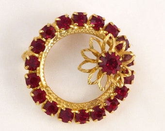 Vintage Red Rhinestone Circular Flower Brooch Pin