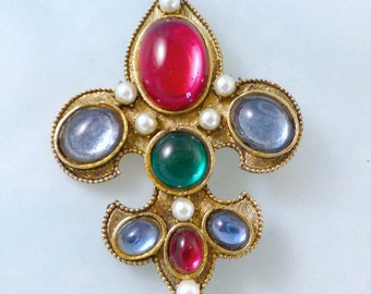 Vintage Huge Fleur di Lis Colorful Brooch Pin