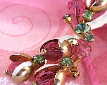 Vintage Floral Brooch: Pink Rhinestone Pin, Signed Austria