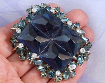 Huge Vintage Blue Square Rhinestone Brooch Pin