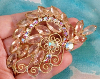 Huge Vintage Pink Open Backed Rhinestone Brooch Pin