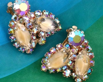 Vintage WEISS Earrings, Yellow Striped Glass AB Rhinestone, Signed Clip Ons