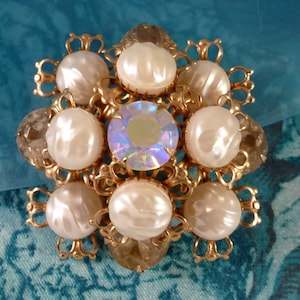 Vintage Molded Pearl and AB Rhinestone Brooch Pin