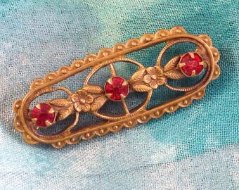 Vintage Red Rhinestone Brooch: Victorian Floral Pin