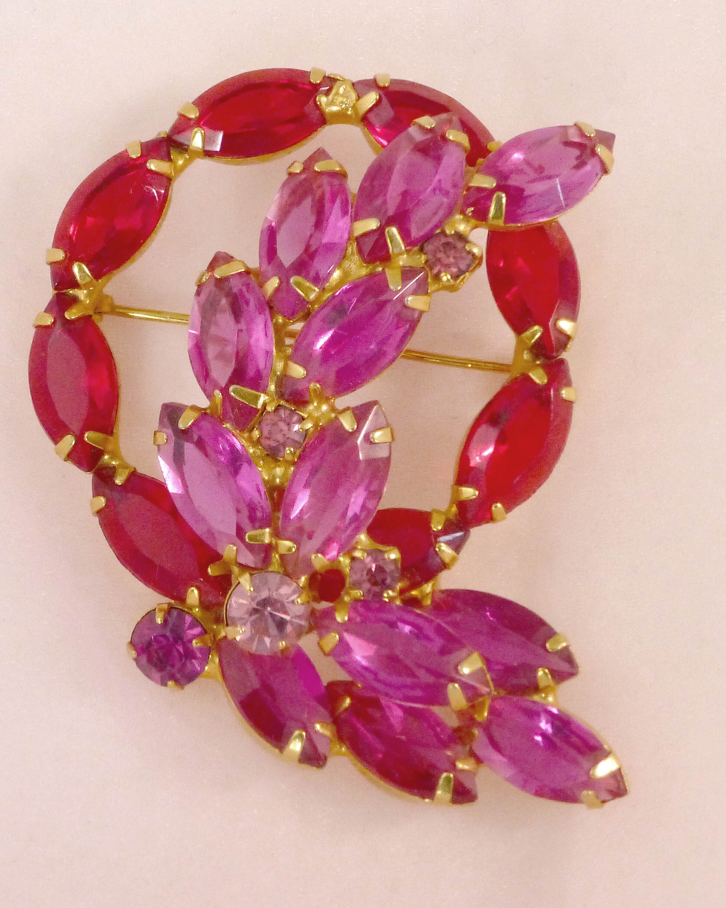 Vintage Red and Pink Rhinestone Circular Floral Brooch, Huge Marquise Pin, Estate Jewelry