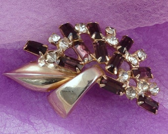 Older Vintage Purple Rhinestone Fan Brooch Pin