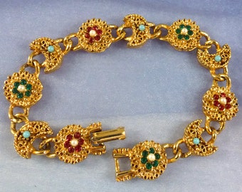 Vintage Rhinestone Flower Moon Bracelet: 7" Estate Jewelry