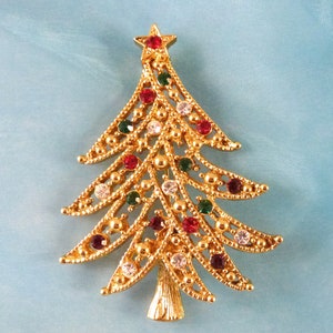 Large Vintage Rhinestone Christmas Tree Brooch, Festive Holiday Pin, Retro Gift