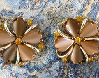 Vintage Coro Brown and Orange Floral Rhinestone Clip On Earrings