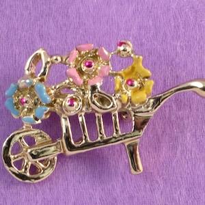 Vintage Figural Wheelbarrow with Flowers Brooch Pin, Gift for Gardeners, Estate Jewelry