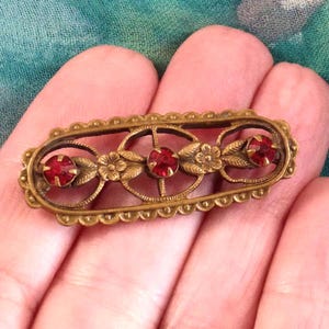 Vintage Red Rhinestone Brooch: Victorian Floral Pin image 3