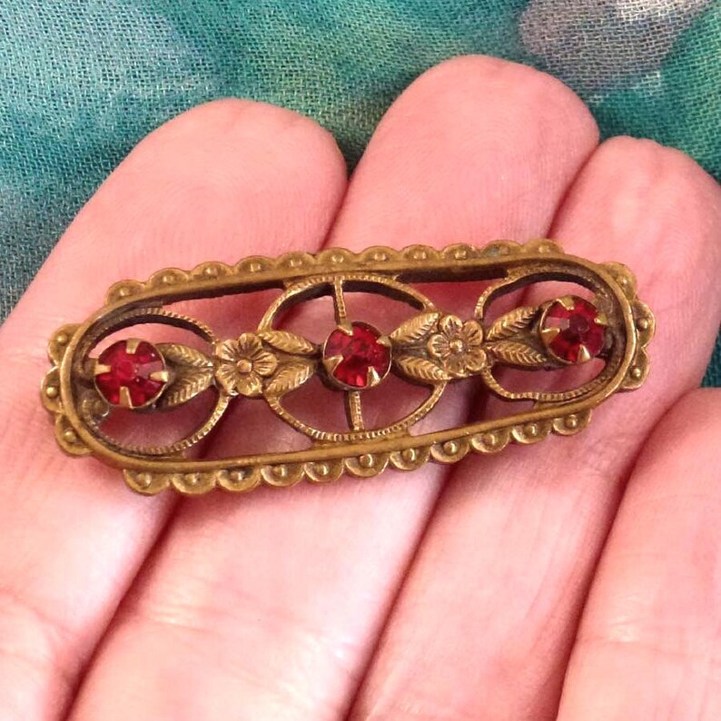 Vintage Red Rhinestone Brooch: Victorian Floral Pin image 3