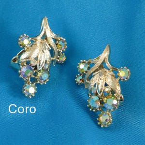 Vintage Coro Blue AB Rhinestone Clip On Earrings, Estate Jewelry, Designer Signed Earrings, Gift for Mom