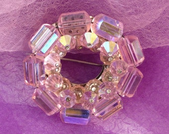 Vintage Circular Pink AB Beaded Brooch Pin