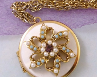 Vintage Floral Rhinestone Photo Locket Necklace with Chain