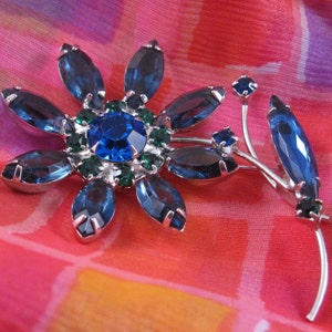Vintage Blue Rhinestone Brooch, Floral Figural Pin