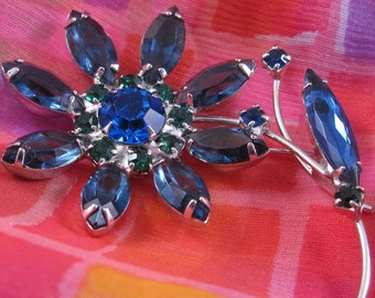 Vintage Blue Rhinestone Brooch, Floral Figural Pin