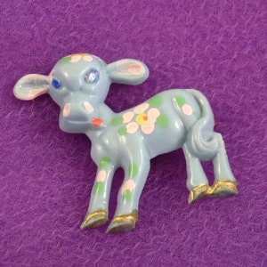 Vintage Blue Cow Brooch, Hand Painted Early Plastic Figural Pin, Farm Animal Pin, Estate Jewelry