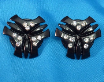 Vintage Black and White Rhinestone Clip On Earrings