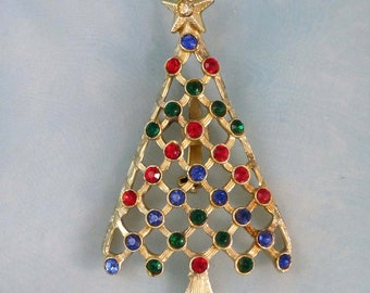 Vintage Christmas Tree Brooch with Red, Green, Blue Rhinestones