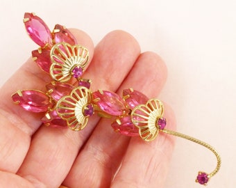 Vintage Pink Marquise Rhinestone Floral Brooch Pin