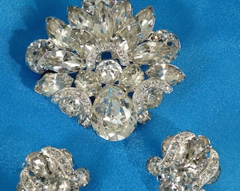 Vintage Eisenberg Rhinestone Brooch & Earring Demi Parure with Pave Icing