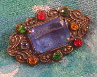 Edwardian Blue Glass Rhinestone Brooch, Vintage Multi Colored Pin