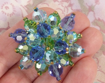 Vintage Blue and Green AB Bead Brooch Pin