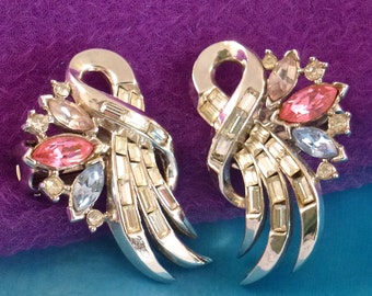 Vintage Crown Trifari Earrings, Alfred Philippe Rhinestone Clip ons,1953