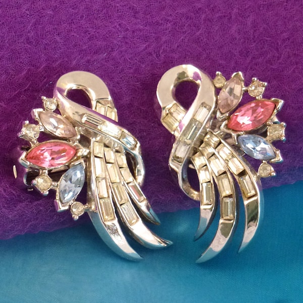 Vintage Crown Trifari Earrings, Alfred Philippe Rhinestone Clip ons,1953